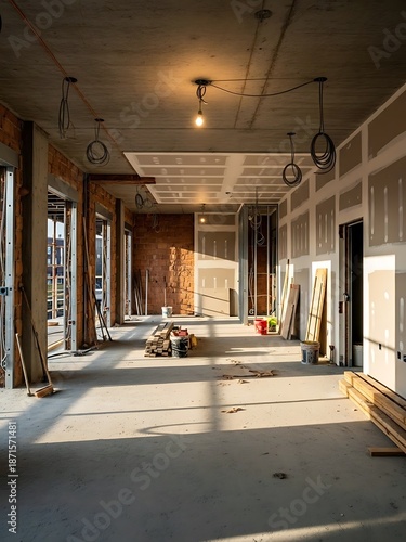 Interior of an office or apartment under renovation with exposed brick walls