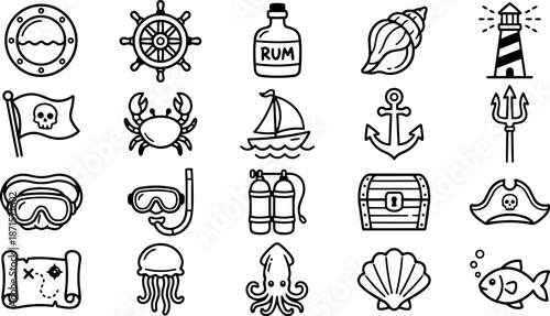 Hand drawn line art nautical icon set showing pirate and sea symbols in grid close up black stroke on white background