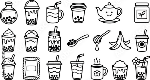 Line art icon set of bubble tea cups jars teapot spoon and honey jar arranged on white background, close up flat