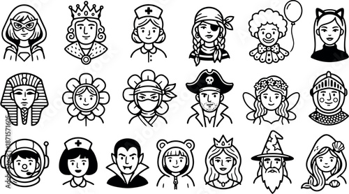 Line art icon set of diverse costume avatars close up rows including pirate queen nurse astronaut vampire wizard fairy clown smiling