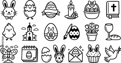 Line art outline close up grid of easter icons showing bunny chick decorated eggs church cupcake tulips envelope candle spring holiday