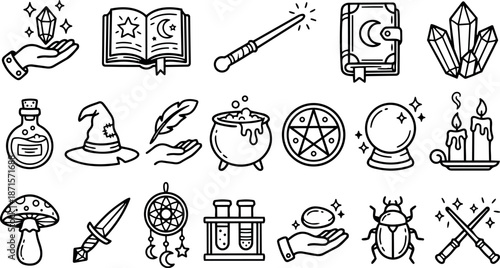 Line art icon set of magical objects and witchcraft symbols including wand crystal book cauldron potion spellbook hand view outline
