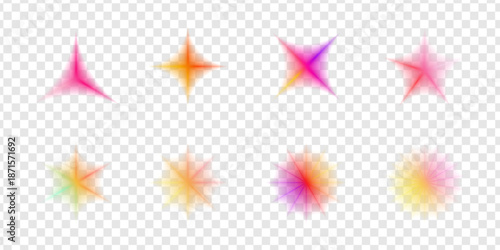 Trendy y2k aesthetic icons feature grain noise and blurry gradient shapes. These abstract floral, butterfly, and star elements in pink and purple create a nostalgic, soft 3d effect for modern designs.