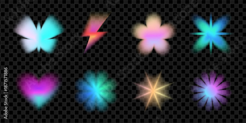 Brutalist y2k style icons with smooth gradient blends and cute floral shapes. These vibrant heart and aura elements feature soft psychedelic glow, perfect for trendy digital illustration and sticker