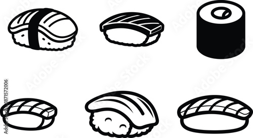 set of various sushi pieces in black and white line art style