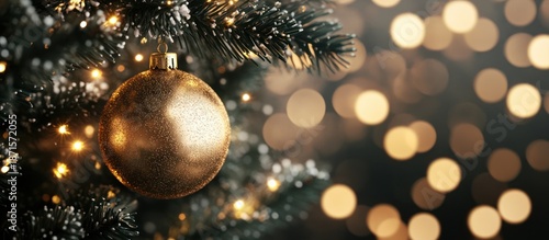 Elegant golden bauble adorns a frosted Christmas tree, sparkling amidst soft, warm lights and a dreamy bokeh backdrop, perfect for festive holiday celebrations and seasonal greetings