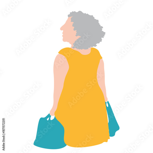 Flat illustration of an elderly woman with grey hair carrying shopping bags isolated on white background