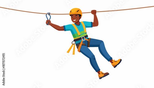 Man ziplining with safety harness and helmet.