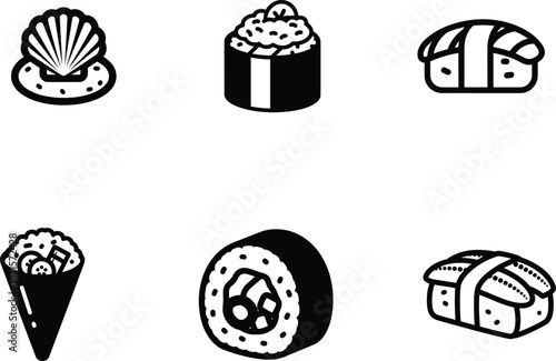 set of various sushi rolls and seafood dish on white background