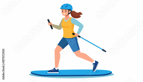 Woman Running on a Paddleboard with Nordic Poles Exercising Outdoors.