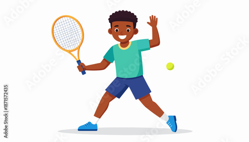 Young boy enthusiastically playing tennis with a racket and ball.