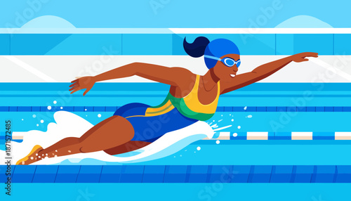 Woman swimming in a pool with a blue swim cap and goggles.