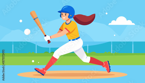 Female baseball player swinging bat during a game.