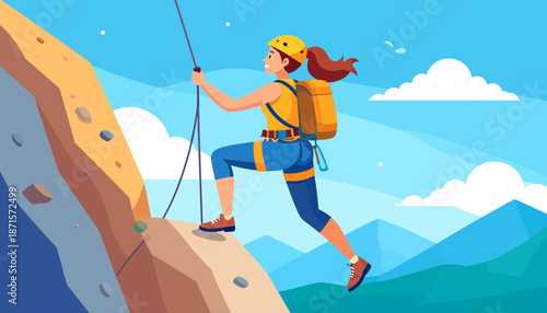 Woman rock climbing on a mountain cliff with a backpack.