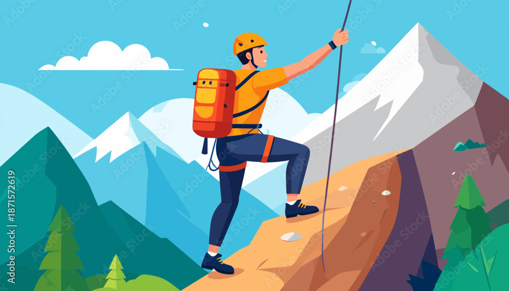Fototapeta premium Man climbing a mountain with a rope and backpack.
