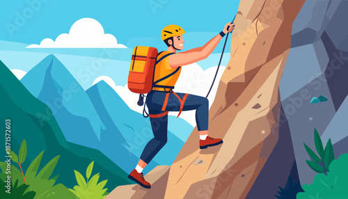Man climbing a steep rocky mountain with a backpack and rope.