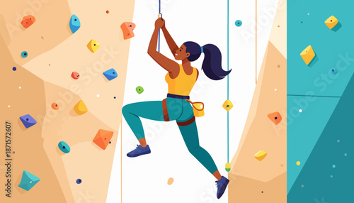 Woman climbing an indoor rock climbing wall with colorful holds.