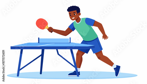 Man playing table tennis with a red paddle on a blue table.