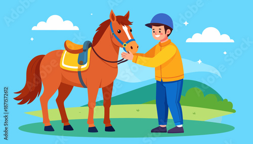 Man preparing horse for riding in a serene landscape.