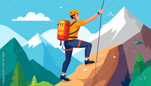 Man climbing a mountain with a rope and backpack.