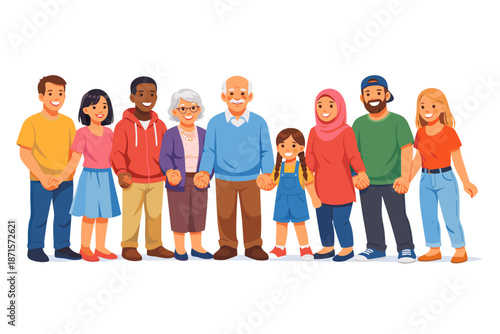 a vector flat illustration of a group of different people standing together on a white background