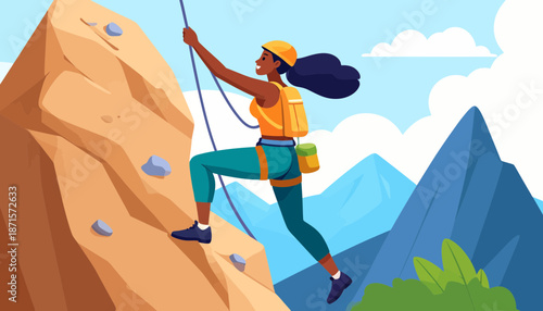 Woman rock climbing on a mountain with a rope and harness.