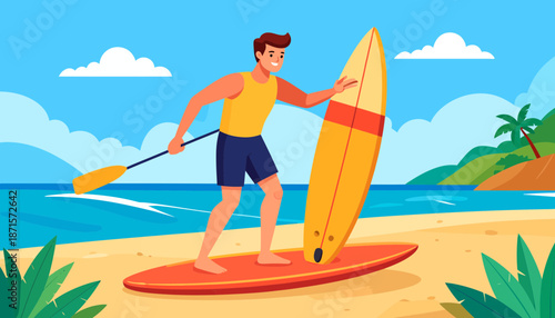 Man standing on a paddleboard on a sandy beach with a paddle.