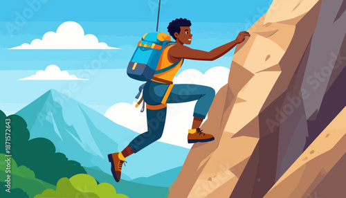 Man climbing a steep rocky cliff with a backpack.