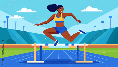 Female athlete jumping over a hurdle on a track.