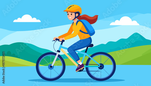 Woman cycling outdoors with a helmet and backpack on a scenic road.