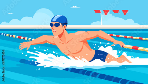 Male swimmer in action at the swimming pool.