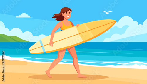 Woman in swimsuit walking on beach with surfboard.