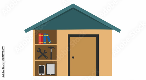 Illustration of a shed with shelves and a door, storage space.