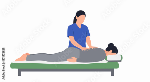 Physiotherapist providing back massage to patient lying on a bed for treatment.