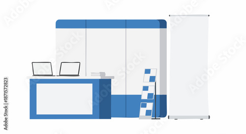 Modern Trade Show Booth Setup with Counter and Banner for Business Events.