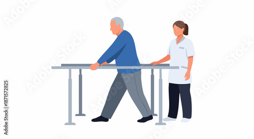Elderly Mans Rehabilitation with Physical Therapist Using Parallel Bars.