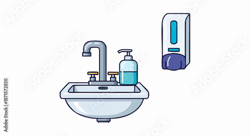 Bathroom sink with soap dispenser and wall mounted sanitizer.