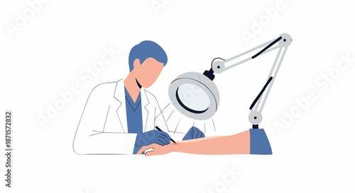 Dermatologist examining patients skin with magnifying glass for diagnosis and treatment.