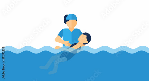 Swimming instructor teaching a child how to swim in the water.