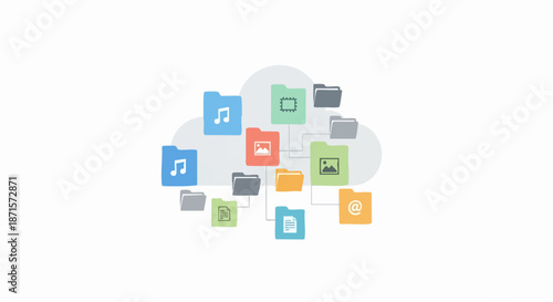 Cloud storage and data management with various folders and files.