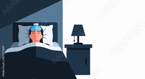 Sick Woman Lying in Bed with Ice Pack on Head.