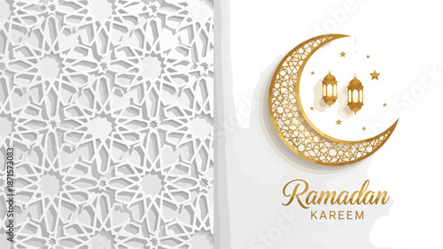 Ramadan Kareem Crescent Moon Lanterns and Islamic Geometric Pattern