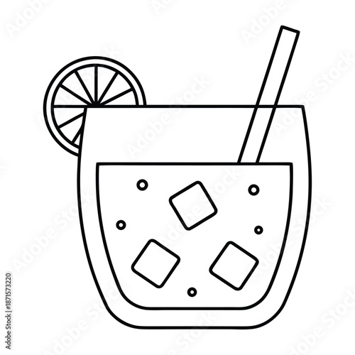 A simple line drawing of a refreshing drink with ice and a lime wedge.