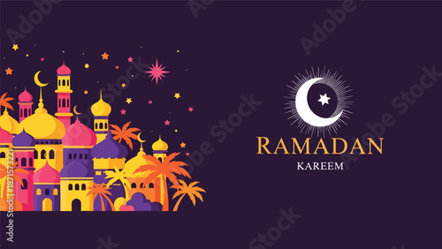 Ramadan Kareem Arabian Cityscape with Crescent Moon and Stars