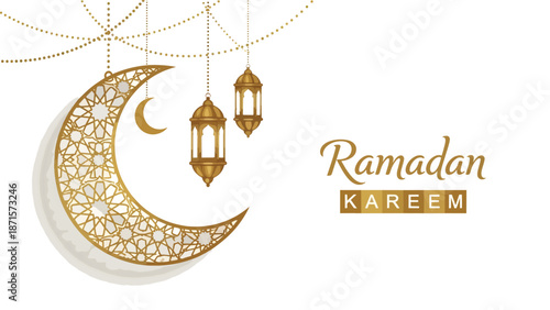 Ramadan Kareem Crescent Moon and Lanterns on White Background