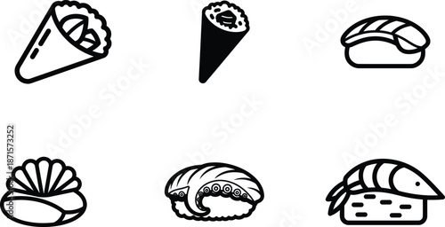 Sushi and maki rolls with various ingredients and fillings