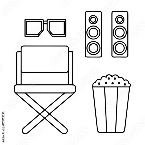 A director's chair, 3D glasses, speakers, and popcorn for a movie experience.