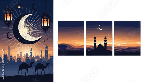 Ramadan Desert Sunset With Crescent Moon and Mosques
