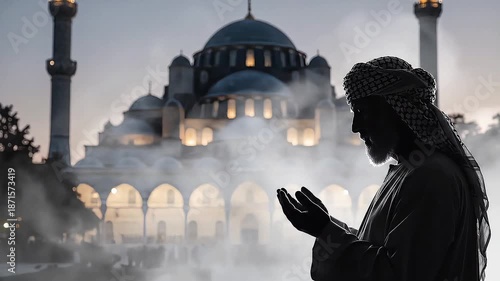 Praying man silhouette with blurred mosque