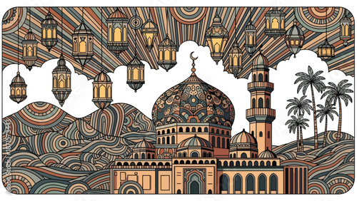 Ornate Mosque with Hanging Lanterns Under a Patterned Sky